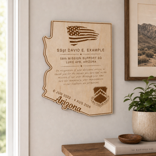 Custom Engraved Arizona State Wood Plaque: Military Promotion, Retirement, Award, Going Away Gift