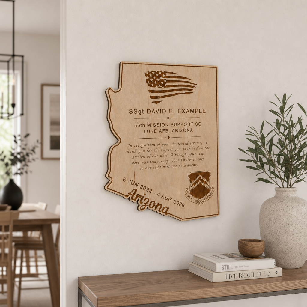 Custom Engraved Arizona State Wood Plaque: Military Promotion, Retirement, Award, Going Away Gift