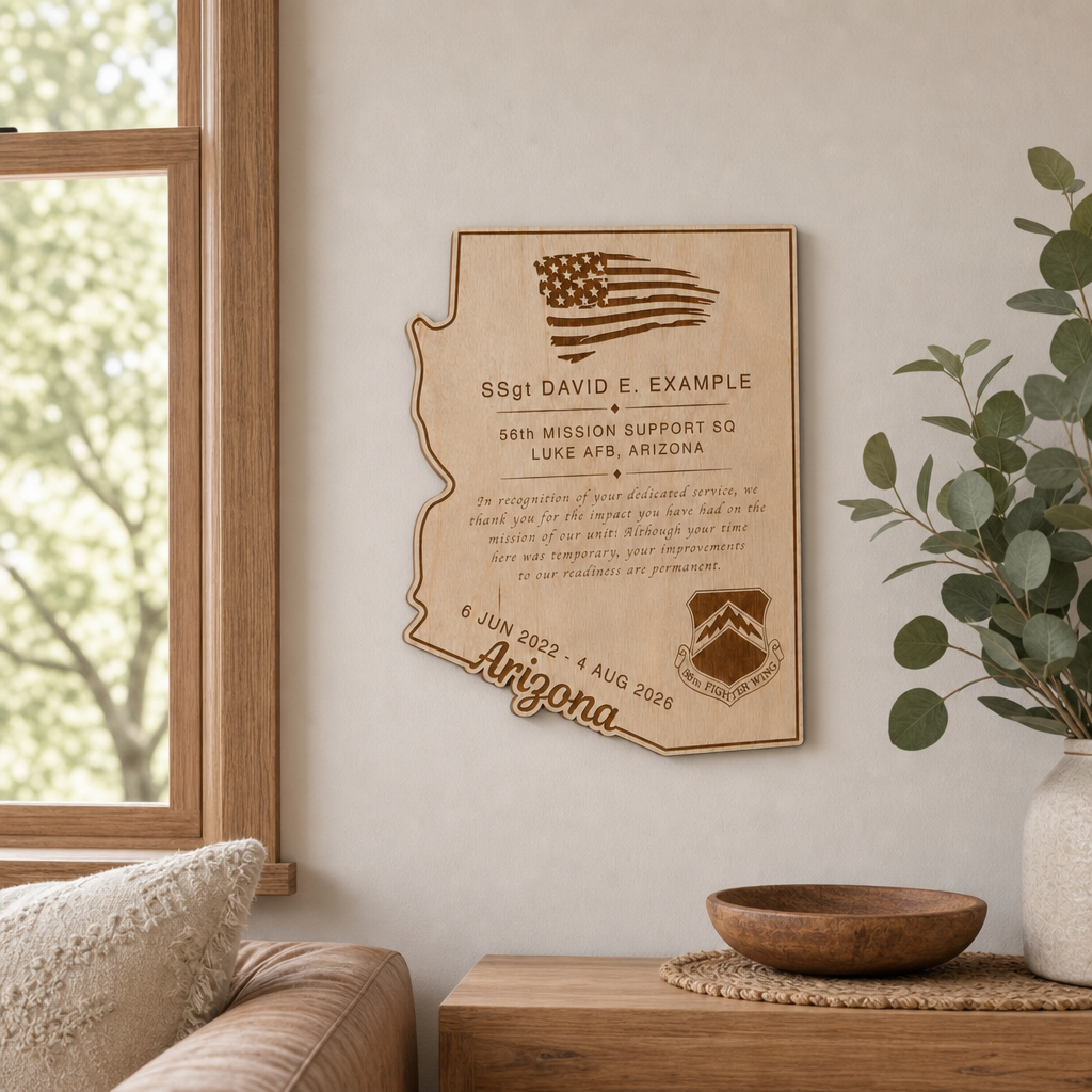 Custom Engraved Arizona State Wood Plaque: Military Promotion, Retirement, Award, Going Away Gift