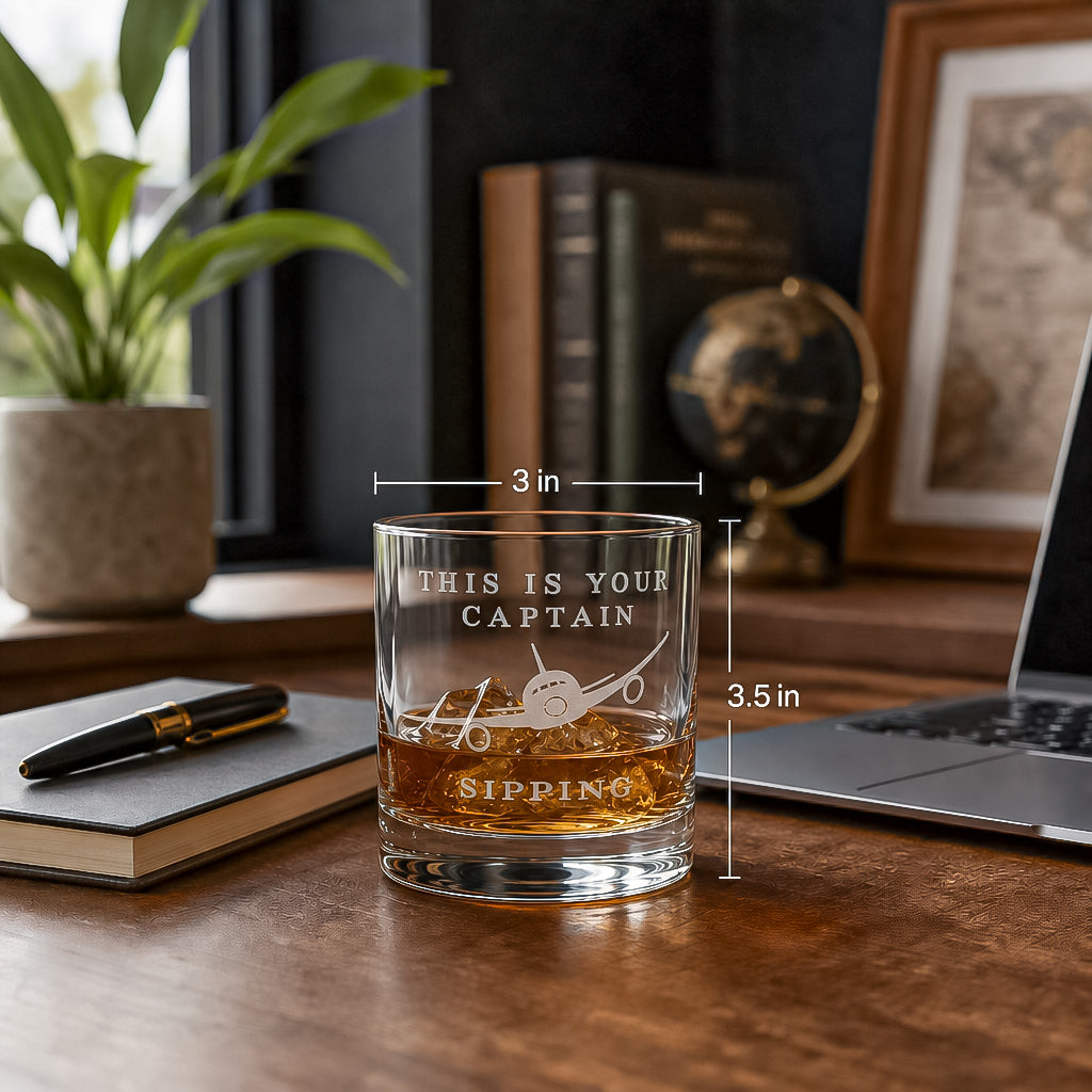 Engraved Bourbon Glass, Pilot Glass - Aviation Gift, "This Is Your Captain Sipping" Tumbler