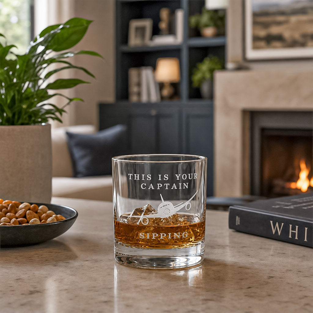 Engraved Bourbon Glass, Pilot Glass - Aviation Gift, "This Is Your Captain Sipping" Tumbler