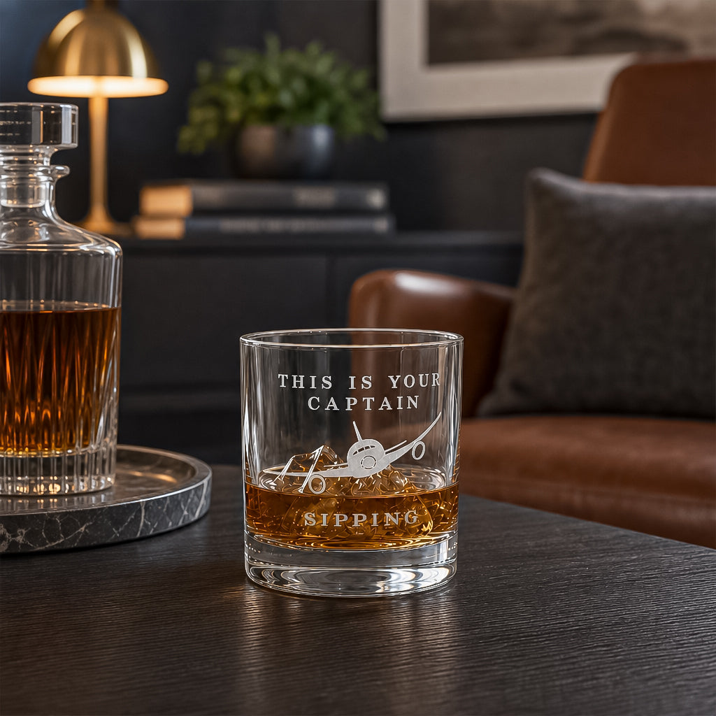 Engraved Bourbon Glass, Pilot Glass - Aviation Gift, "This Is Your Captain Sipping" Tumbler