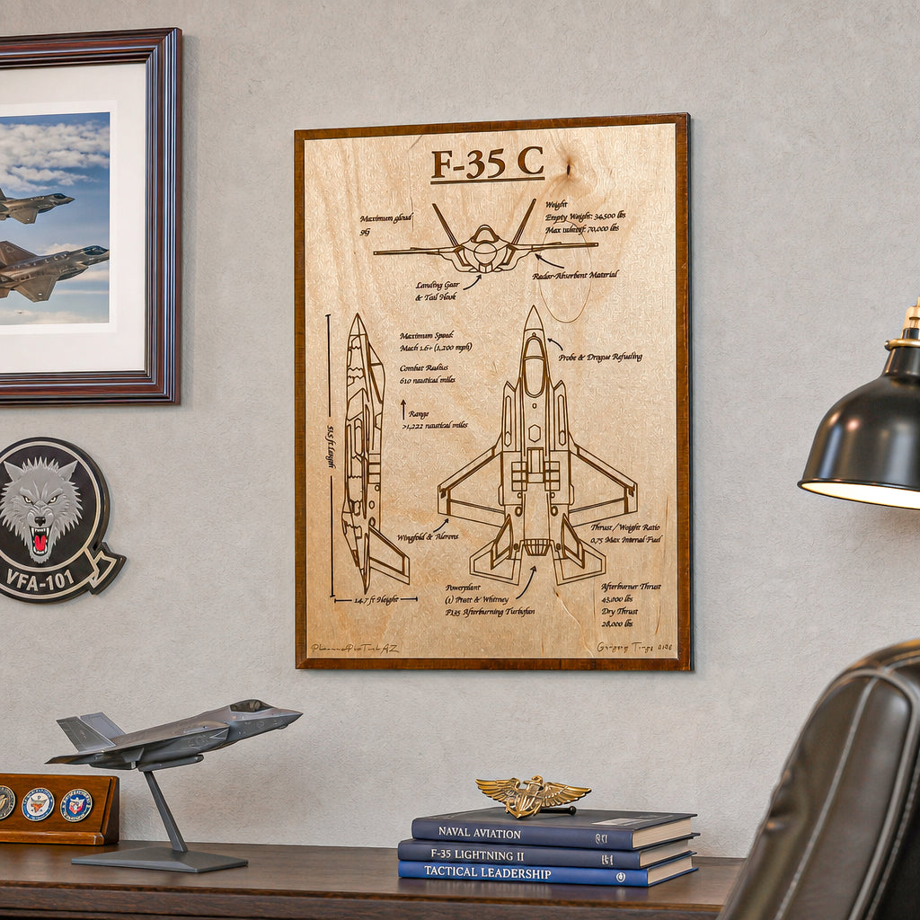 F-35 Blueprint Wall Art | Aviation Gift | Laser Engraved Aircraft Schematic | Fighter Jet Decor | Military Pilot Gift | Veteran Art