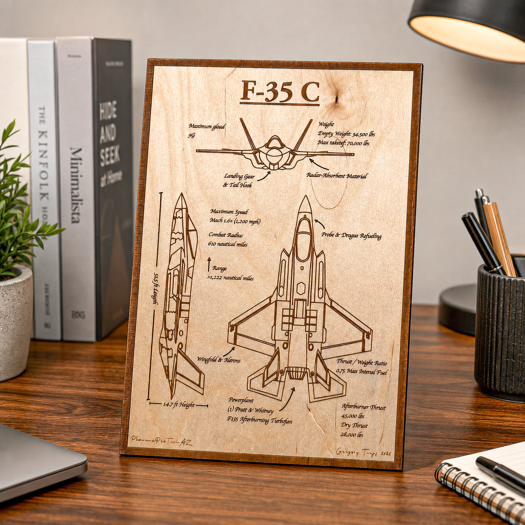F-35 Blueprint Wall Art | Aviation Gift | Laser Engraved Aircraft Schematic | Fighter Jet Decor | Military Pilot Gift | Veteran Art