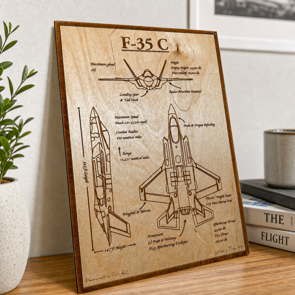 F-35 Blueprint Wall Art | Aviation Gift | Laser Engraved Aircraft Schematic | Fighter Jet Decor | Military Pilot Gift | Veteran Art