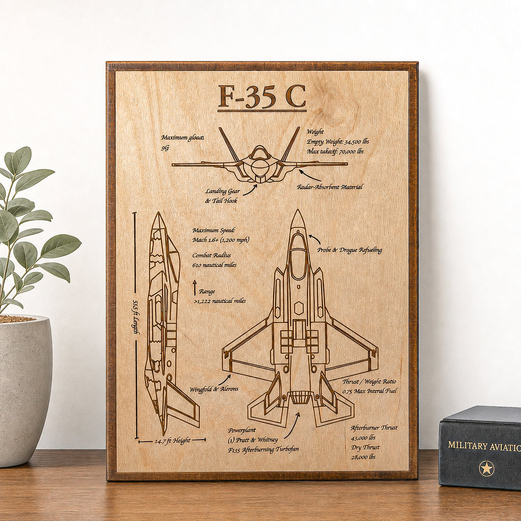 F-35 Blueprint Wall Art | Aviation Gift | Laser Engraved Aircraft Schematic | Fighter Jet Decor | Military Pilot Gift | Veteran Art
