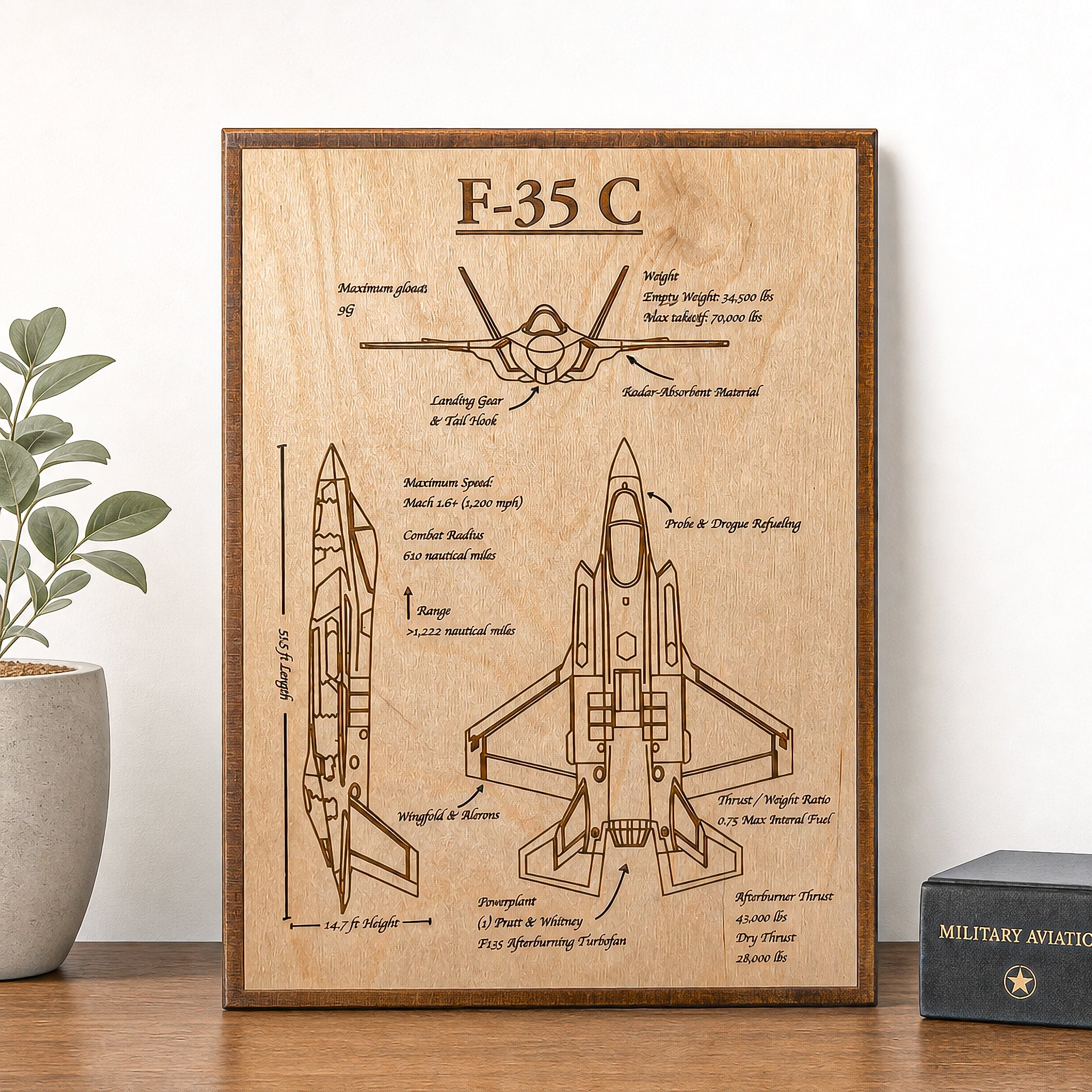 F-35 Blueprint Wall Art | Aviation Gift | Laser Engraved Aircraft Schematic | Fighter Jet Decor | Military Pilot Gift | Veteran Art