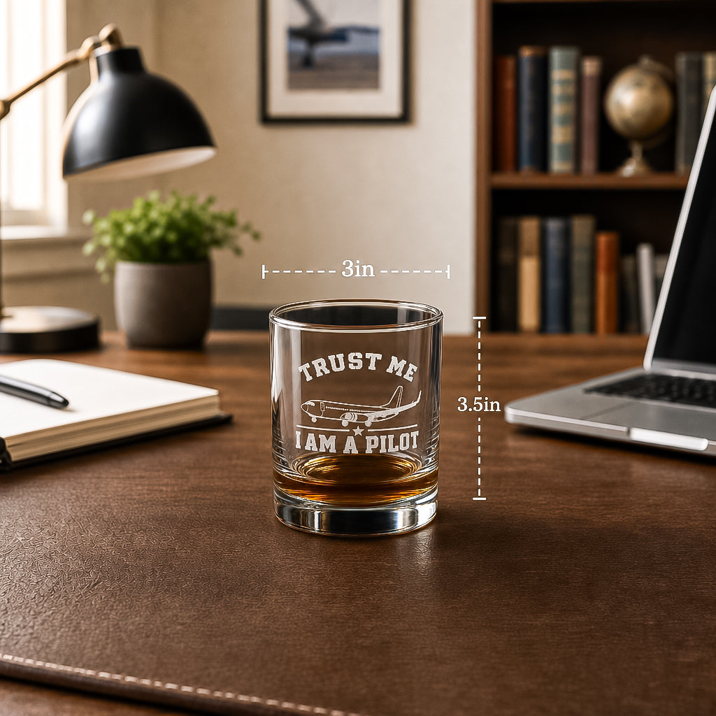 Trust Me I Am A Pilot Whiskey Glass – Engraved Bourbon Tumbler, Aviation Gift