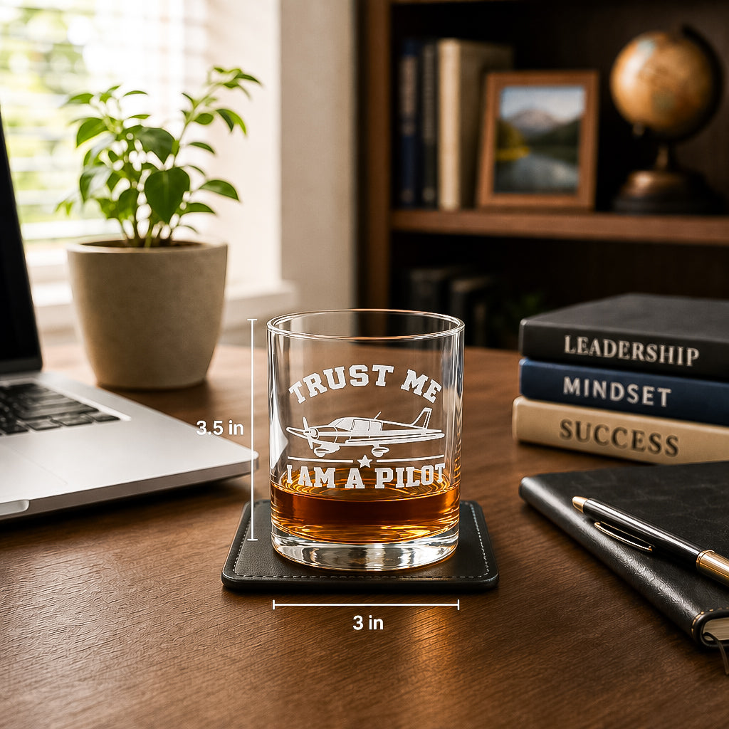 Trust Me I Am A Pilot Whiskey Glass – Engraved Bourbon Tumbler, Aviation Gift
