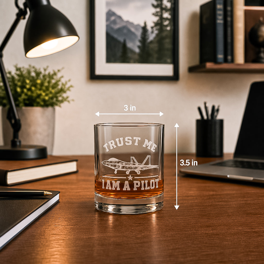 Trust Me I Am A Pilot Whiskey Glass – Engraved Bourbon Tumbler, Aviation Gift
