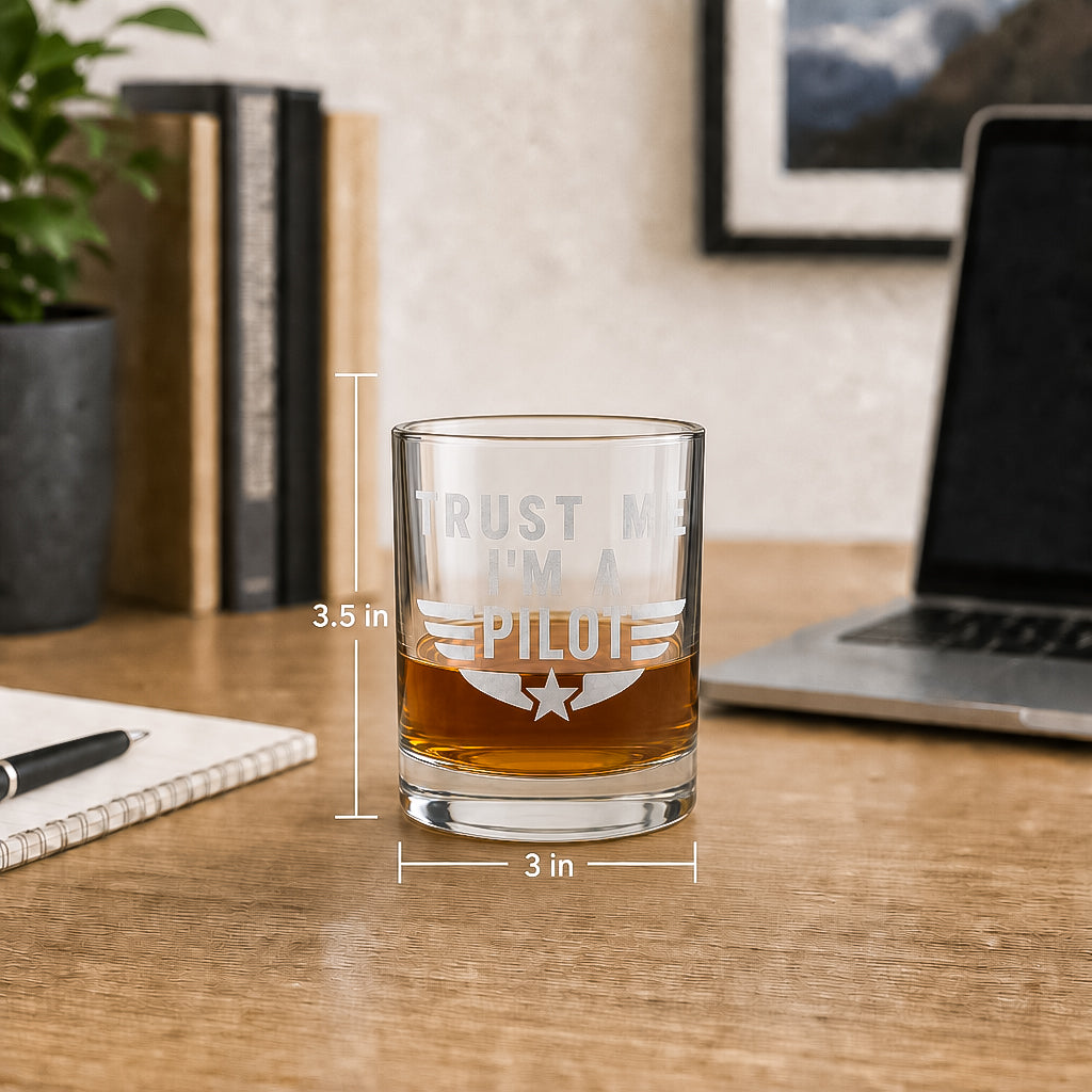 Trust Me I Am A Pilot Whiskey Glass – Engraved Bourbon Tumbler, Aviation Gift