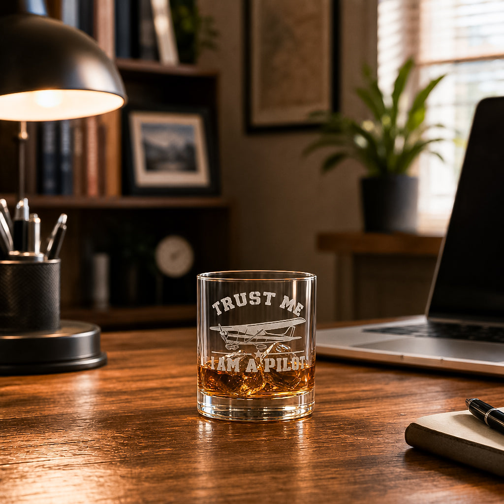 Trust Me I Am A Pilot Whiskey Glass – Engraved Bourbon Tumbler, Aviation Gift