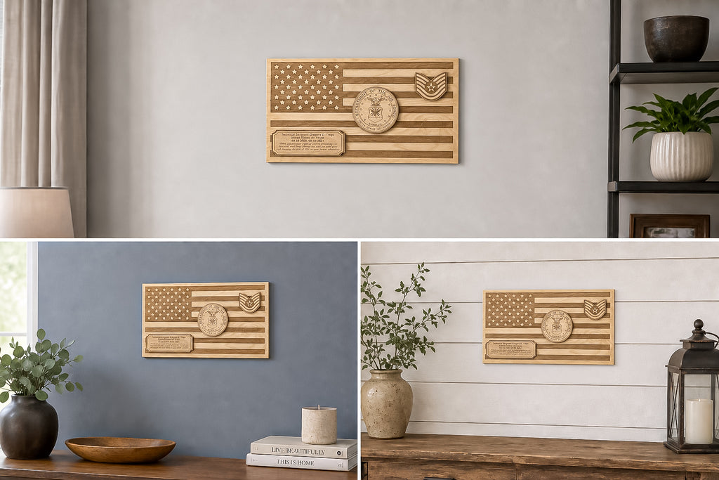 A collage showing a wooden wall art piece with an engraved American flag design, military-style insignia, and a plaque reading 'SERVICE'. The product is displayed in three interior settings: on a light gray wall, on a blue-gray wall above a shelf, and on a white shiplap wall above a wooden table with decor.