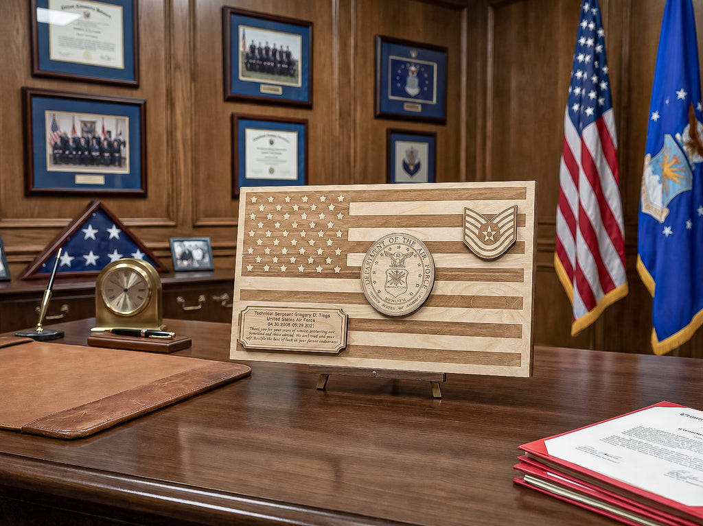 A wooden engraved military desk plaque featuring an American flag design, a circular military seal, and a small insignia, displayed on a polished wood desk in an office setting with framed certificates, flags, and documents.