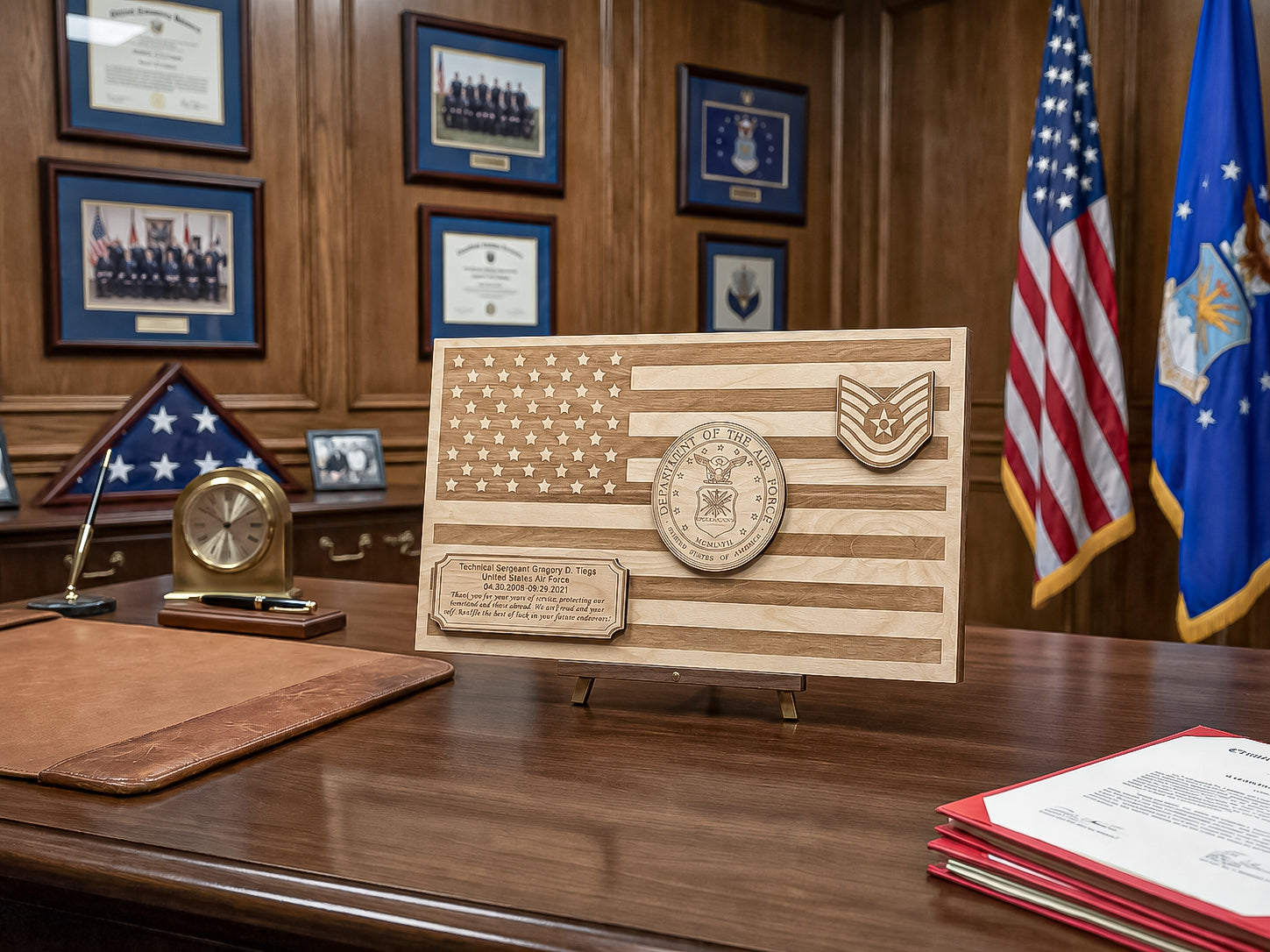 A wooden engraved military desk plaque featuring an American flag design, a circular military seal, and a small insignia, displayed on a polished wood desk in an office setting with framed certificates, flags, and documents.