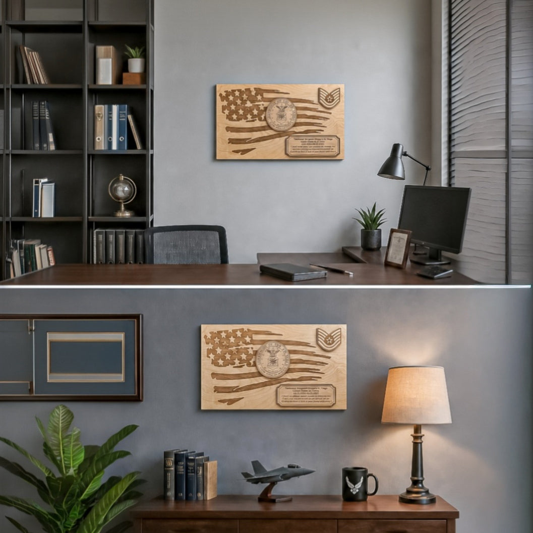 A split-screen view of an office interior showing a wooden engraved wall plaque featuring an American flag and military insignia mounted on a gray wall above a desk. The top half shows the plaque in a dim office with a bookshelf, chair, monitor, and lamp.