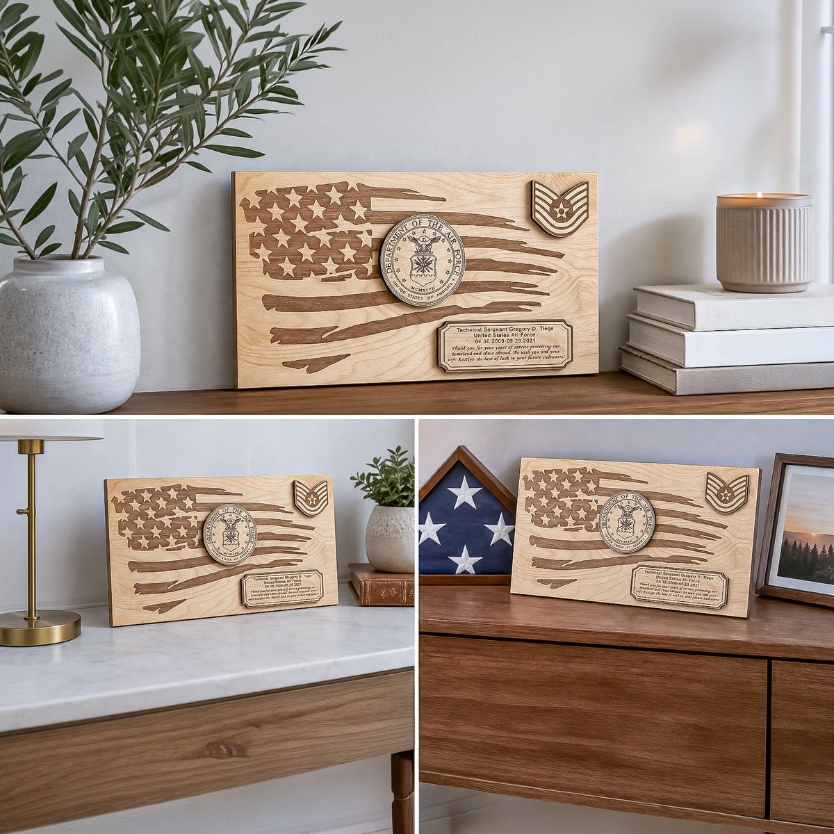A wooden engraved memorial plaque featuring a stylized American flag, military insignia, and a small plaque at the bottom, shown in three home decor settings on shelves and tables.