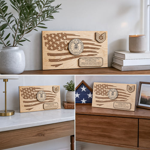 A wooden engraved memorial plaque featuring a stylized American flag, military insignia, and a small plaque at the bottom, shown in three home decor settings on shelves and tables.