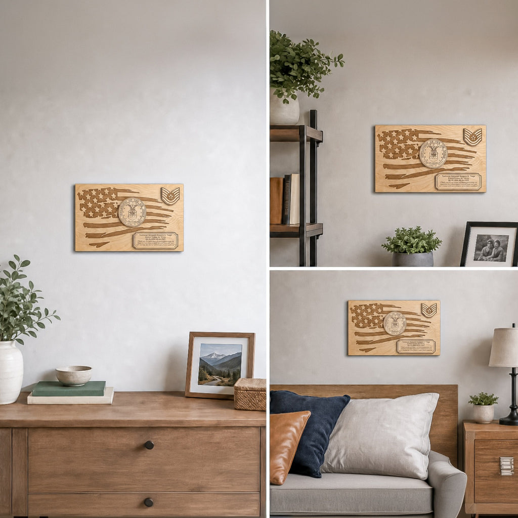 A collage showing a personalized wooden plaque with an engraved American flag design and military-style insignia, displayed in three home interior settings: on a wall above a dresser, on a shelf, and above a sofa.