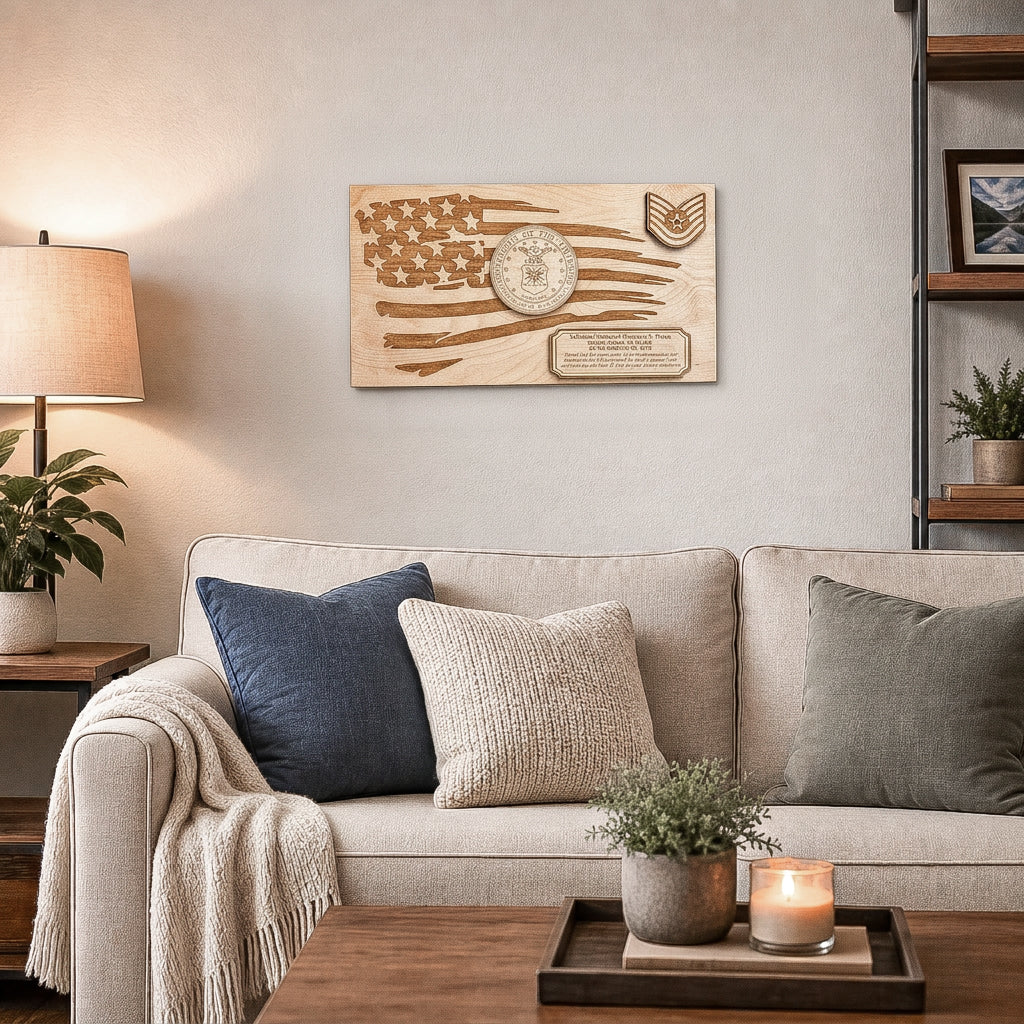 A rectangular wooden military plaque featuring a laser-engraved American flag design with military insignia and text, displayed above a beige sofa in a styled living room setting.