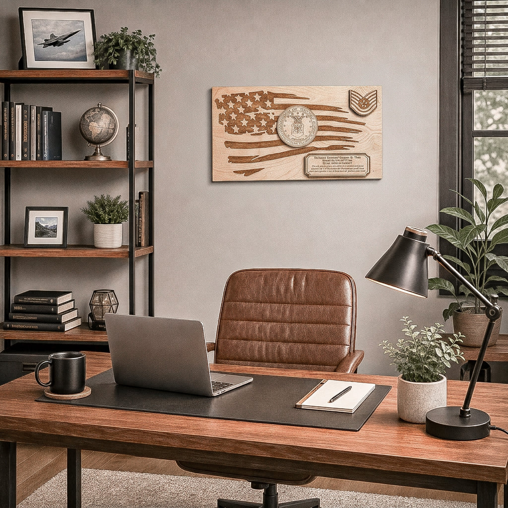 A wooden wall plaque featuring an engraved American flag and military insignia, displayed in a styled home office setting above a desk with a laptop, lamp, and chair.