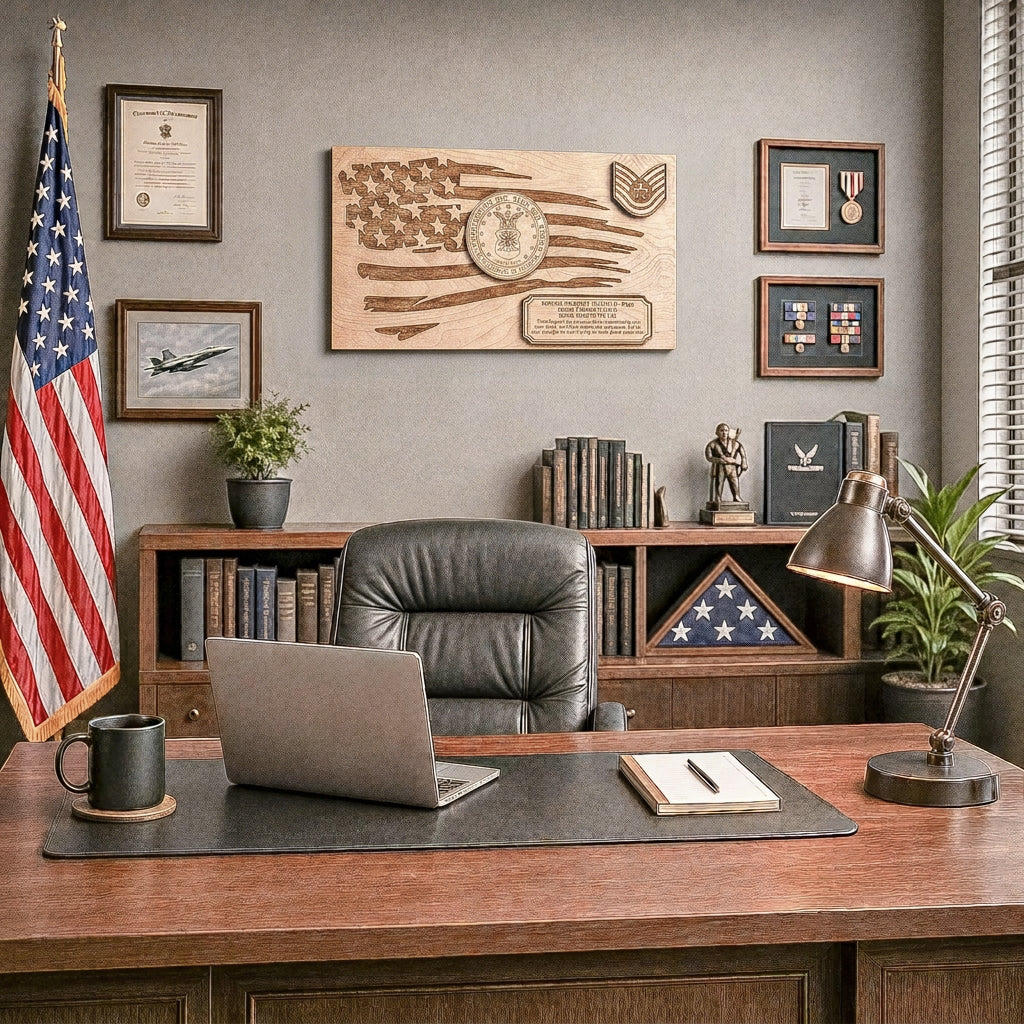 A styled home office featuring a large wooden desk with a laptop, mug, and desk lamp, set against a gray wall decorated with framed military certificates, a wooden American flag plaque, and a black leather office chair.